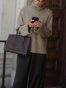 Women's Solid-Color Tops, Long-Sleeved Button Detail Pullover Sweater, Casual Streetwear, Popular In Autumn And Winter, Versatile For All Occasions, Work,Thanksgiving,Christmas Sweater