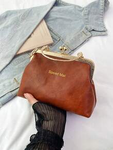 1个复古仿皮斜挎包，女士复古风吻锁迷你手提包，配有可调节肩带，纯色轻便都市手提包，涤纶衬里，男女通用 - 棕色 - 查看 8