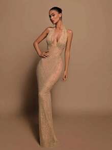 A&A Luxe Halter Deep V Neck Sequins Maxi Dress - Rượu sâm banh - Xem 1