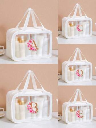 1pc Waterproof & Stain-Resistant PVC Floral & Letter Print Toiletry Bag - Transparent Travel Organizer Pouch, Zipper Waterproof Storage Bag, Suitable For Women, Beach, Swimming, Daily Commute (Lightweight & Durable)