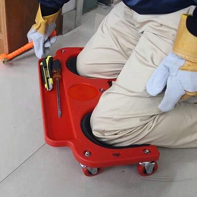 1 Pc Red & Black Rolling Kneeling Pad With Wheels And Built-In Tool Tray - Comfortable Cushioned Metal Platform, Suitable For Carpentry, Mechanic, Flooring And Automotive Repair