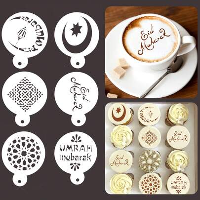 6pcs/18pcs Eid Al-Fitr Coffee Stencils, Ramadan Cake Cookie Molds, Coffee Letter Templates, Suitable For DIY Home Eid Party Decorations