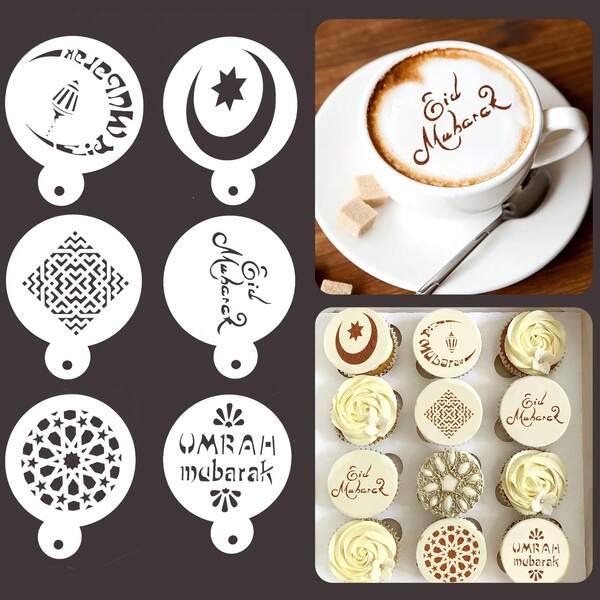 6pcs/18pcs Eid Al-Fitr Coffee Stencils, Ramadan Cake Cookie Molds, Coffee Letter Templates, Suitable For DIY Home Eid Party Decorations