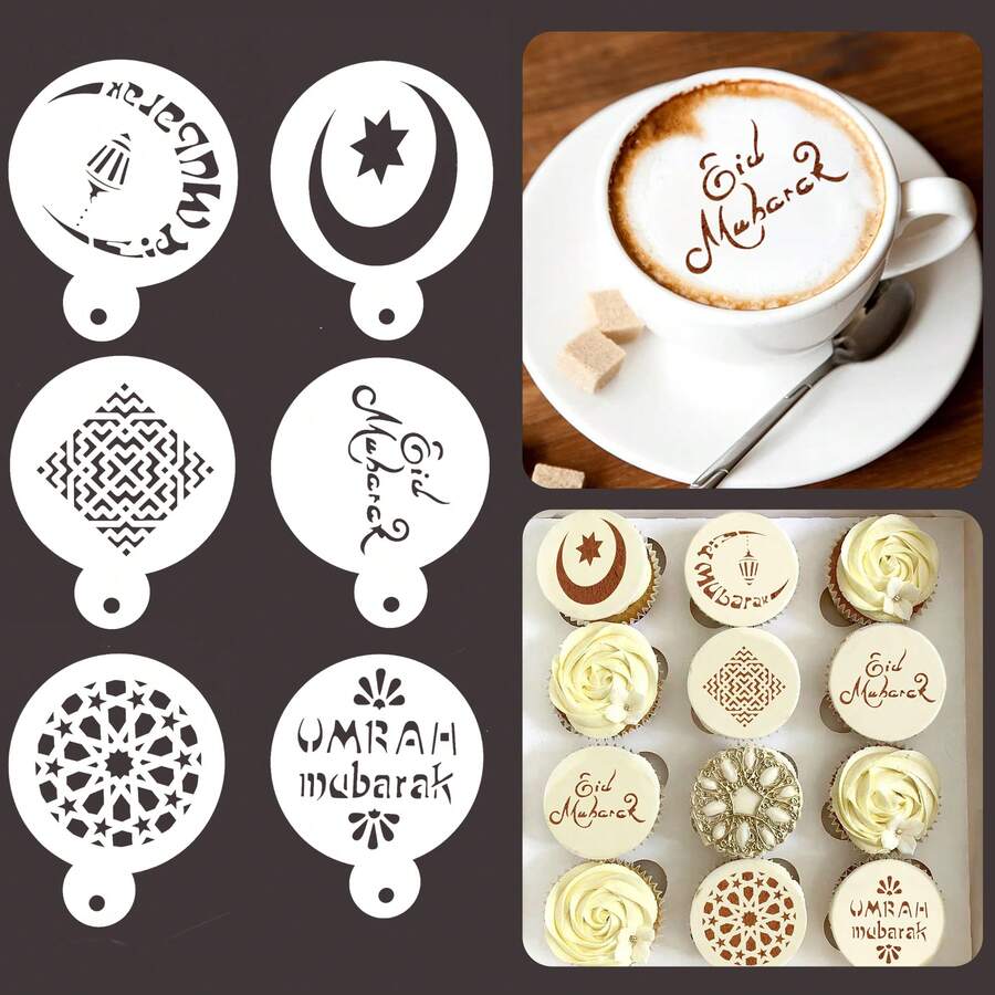 6pcs/18pcs Eid Al-Fitr Coffee Stencils, Ramadan Cake Cookie Molds, Coffee Letter Templates, Suitable For DIY Home Eid Party Decorations - Multicolor - View 1