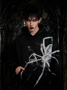 Black Hoodie With Skull And Floral Print Y2K Men's Washed Vintage Sweatshirt Spider Web Pattern Print Black Hoodie Casual Loose Fit Large Pockets Hip Hop Sweethearts Hoodies - 黑色 - 查看 3