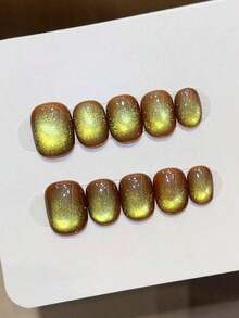 10pcs Handmade Press On Nails Short Oval Nails Purple Nails Y2k Simple Gentle Style Eye Solid Color Fine Shimmer Women And Girls Fall Winter Festivals Party Daily Life Use - Màu xanh Ô liu - Xem 13