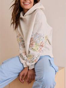 Womens Hooded Sweatshirt Long Sleeve Floral Print Patchwork Casual Loose Fit Tops With Pocket - 灰色 - 查看 1