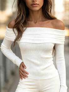 Ivory White Off-Shoulder Long Sleeve Knit Sweater Top | Fitted Inner Layer With Warmth And Elasticity | Minimalist Zipper Design Multi-Functional Layering Piece | Suitable For Office, Commute, Urban Casual, Autumn/Winter Wardrobe Summer - White - View 2