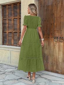 Long Cotton Princess Dress With Short Sleeves, Elegant Evangelical Fashion, Casual Lined, Straight Neckline With Elastic Waist For New Year's Eve. - 橄欖綠 - 查看 6