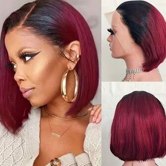 Kort 1B/99J Färg Bob Peruk Äkta Hår Rakt 4x4 13x4 Lace Front Bob Peruk För Kvinnor 180 Densitet Peruk 8-14 Tum Vinröd Färg Julperuker Stocking Fudder För Kvinnor