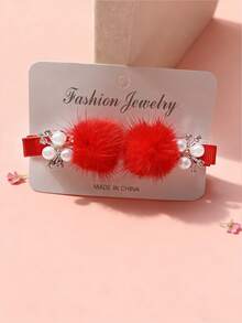 2 szt. noworocznych czerwonych spinek do włosów z pomponami, spinki do włosów z perłowymi kwiatami dla dziewcząt, urocza pluszowa spinka w kształcie kaczuszki, zestaw upominkowy z akcesoriami do włosów, świąteczna dekoracja włosów - Wielokolorowe - Zobacz 11