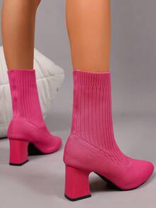 Women's Ankle Boots, Pointed Toe, Chunky Heel, Solid Color Design, Simple Style, Casual And Comfortable, Fashionable And Gorgeous, Elegant And Unique, Suitable For Home Office And Daily Commuting. - 玫紅色 - 查看 5