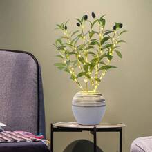 1pc Artificial Olive Tree Branch With LED Lights - Battery-Powered Modern Home Decor Lamp, Green Foliage & Realistic Branches For Wedding, Birthday, Party, Office, Bedroom, Hotel - Ideal For Cabinet, Dining Table, Cafe, Holiday, Spring Restaurant De