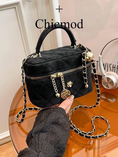 黑色休闲多功能手提小方包，时尚刺绣格纹面料，适合办公、收纳手机、口红、零钱、购物、作为钱包使用，适合年轻女性、大学生、新手、白领人士。是办公室、大学、工作、商务、通勤、户外活动、旅行和短途旅行的理想之选。