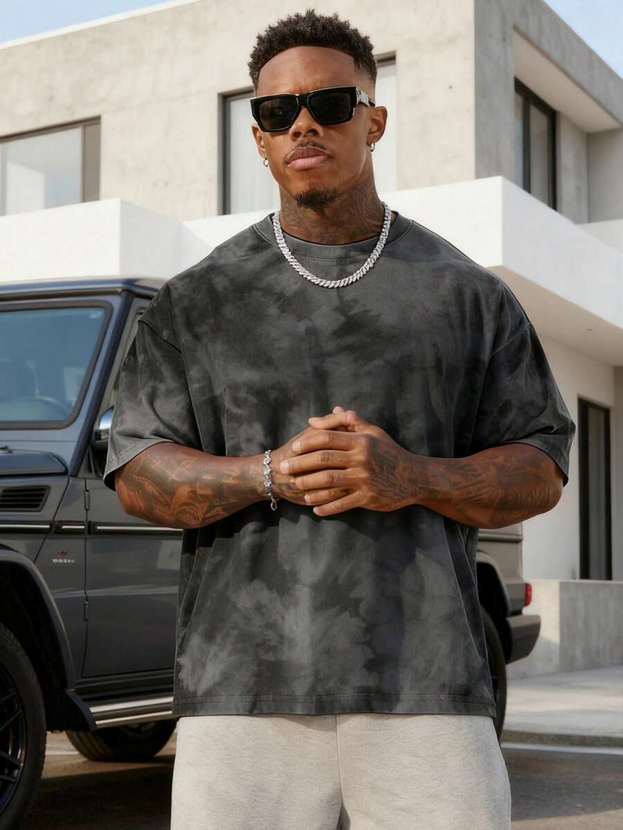 Áo thun nam tay ngắn cổ tròn in họa tiết phối màu phong cách Y2K, màu đen trơn, kiểu dáng thường ngày, thích hợp mặc mùa hè. - màu đen - Xem 1