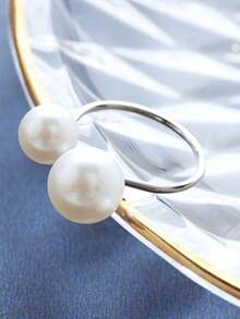 1pc Ins Style Minimalist Adjustable Open Ring With Faux Pearl, For Women - Silver - View 3