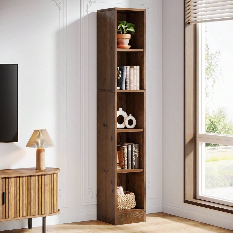 Tribesigns 70.9-Inch Tall Narrow Bookshelf, 5-Tier Solid Wood Corner Bookcase, Freestanding Display Shelves For Home Office, Bedroom, Small Spaces, Brown - 棕色 - 查看 1