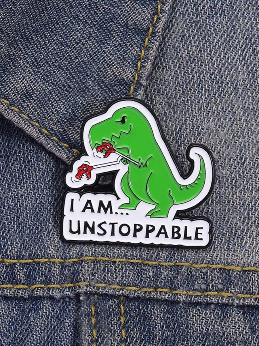 1pc "Unstoppable" Green Dinosaur Brooch, Creative Cartoon Animal Badge, Bag/Clothing Accessory, Daily Jewelry Gift For Friends - Green - View 1