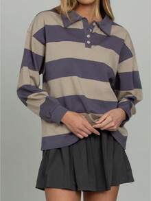 Women Long Sleeve Striped Polo Shirt Oversized Collar Y2k Pullover T Shirt Casual Loose Streetwear Rugby Sweatshirt - Màu tím - Xem 1