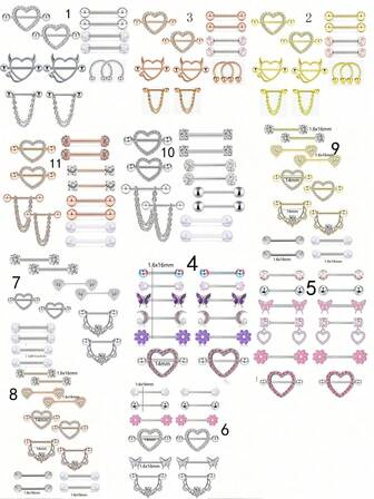 12 件装 14G 乳头环 女士医用钢乳头穿孔 CZ 心形蝴蝶杠铃乳头环套装 可爱乳头穿孔首饰情人节