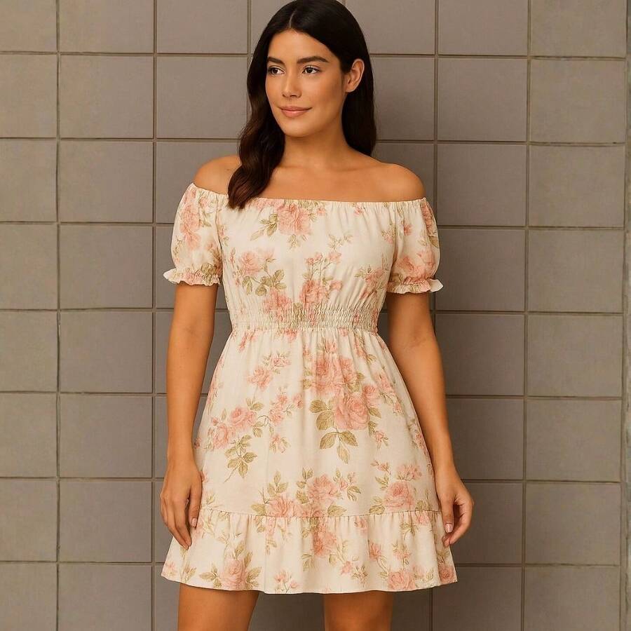 Short Dress Made From Duna Fabric With Short Sleeves. - Beige With Roses - View 1