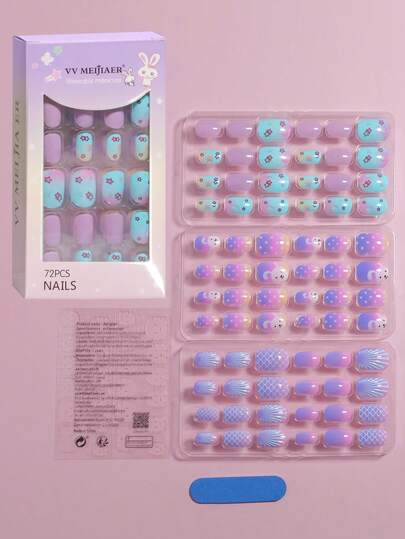 VV MEI JIA ER 3包（72片 - 美人鱼/兔子/星星）可爱小号儿童按压式亚克力假指甲，全覆盖式3D可爱美人鱼短椭圆形假指甲套装，适合女孩，按压式指甲美甲装饰礼品，含1张胶带和1个指甲锉
