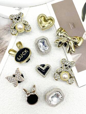 10PCS Luxury Golden Resin Bow-Knot Heart Shaped Shoe Charms Ornaments Removable Bling Rhinestone Bear Butterfly Shoe Buckles DIY Decorations Mutlifunctional Luck Rabbit Shoes Clips Accessories Women Lady Sandals Slides Slippers Beach Bags Decor Xmas Halloween Valentine Birthday Festival Party Gifts (Shoes Not Included)