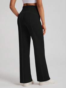 女士保暖加厚阔腿运动裤，高腰宽松直筒设计，带口袋，适合秋冬季穿着 - 黑色 - 查看 5