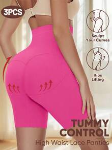 MEIYATING 3pcs High Waist Tummy Control Women Panties, Breathable Mesh Lace Trim Briefs, Safety Shorts, Shapewear For Summer - Multicolor - View 3