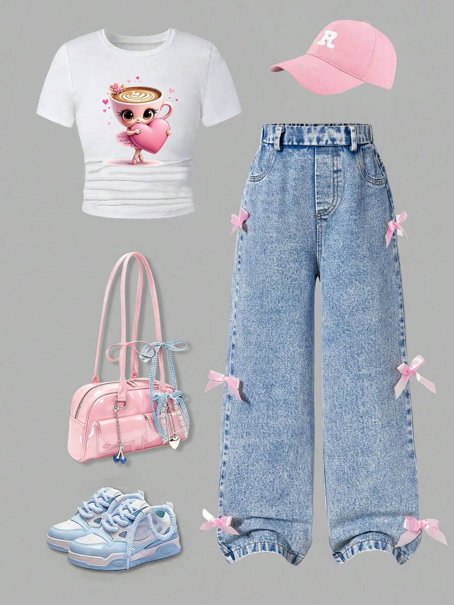 Áo thun ngắn tay cổ tròn in hình hoạt hình dành cho bé gái tuổi teen và quần dài denim. - trắng - Xem 1