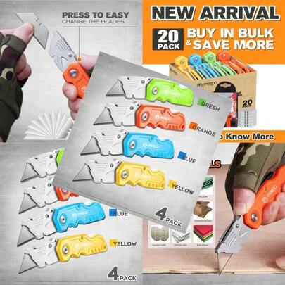 Box Cutter 4-Pack Tough Folding Box Cutter For Heavy Duty Purpose Razor Sharp Blade Comfortable Handle With Extra 10-Piece Blades Can Cut Drywall Sheet Plastic Linoleum Boxes Rope