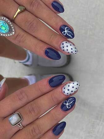 Use It To Change Your Nails, 24 Pieces/Set Of Minimalist Style Medium Oval Press-On Nails, With A Retro Dark Blue Polka Dot Bow Sweet Pattern Design, Suitable For Girls And Women To Wear On Daily Dates And Parties.