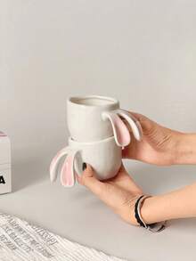 1 pieza Taza de cerámica con diseño de conejo lindo, taza de café de diseño creativo de nicho, taza de desayuno con orejas de conejo Kawaii, rosa y blanco, adecuada para todas las estaciones y escenarios del hogar - Multicolor - Ver 4