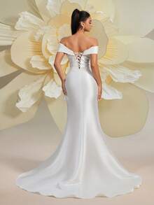 Minimalist Off-Shoulder Long Wedding Dress, Slit Design, Elegant Woven Fabric Bridal Gown