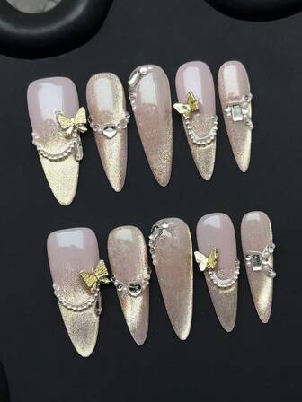 Set de 10 uñas postizas acrílicas hechas a mano, largas, de tacón alto, uñas falsas de ojo de gato dorado, uñas falsas decorativas con diamantes brillantes, uñas largas, decoración de mariposa metálica 3D, uñas Y2k, uñas postizas desmontables, suministros para uñas, arte de uñas, adecuado para fiestas, bailes, uso diario, fiestas de estudiantes, de aplicación y reutilizables, con pegamento de gelatina y lima de uñas, suministros DIY para uñas