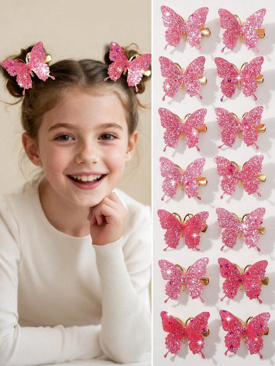 10 piezas/paquete Clips para el cabello de mariposa con lentejuelas fucsia y base dorada para niñas, clips para el flequillo lateral, accesorios para el cabello para uso diario - Rosa Fucsia - Ver 1