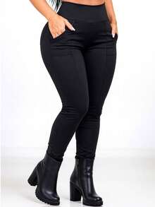 Women's Riding Leggings In Flannel-Lined Spandex With Pockets And High Waist - 黑色 - 查看 5