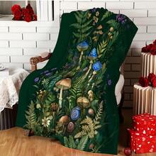 1 Piece Magic Forest Mushroom Fern And Snail Print Flannel Blanket - Soft Green Leaves With Blue/White, Hat With Purple Violets - Lightweight All-Season Bedspread, Suitable For Camping, Travel, Bohemian Decoration - 彩色 - 查看 10
