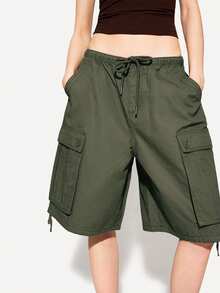 Womens Denim Cargo Shorts Summer Fashionable Drawstring Loose Knee Length Jean Shorts With Pocket - Army Green - View 3