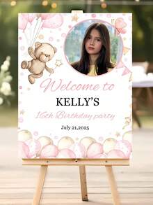 Cartel de bienvenida personalizado con oso de peluche rosa - Personalizado con nombre/texto y foto, decoración de fiesta de cumpleaños, incluye globos rosas y tablero para mostrar la edad, pancarta de plástico resistente para interior/exterior - Multicolor - Ver 8