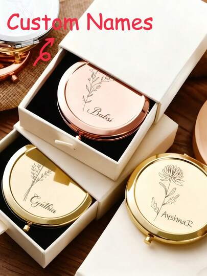 1 pieza Espejo de maquillaje personalizado con patrón floral. Espejo de maquillaje portátil personalizado, se puede personalizar con nombre, plegable y ligero, adecuado para varias ocasiones, un regalo ideal para ella, también un recuerdo de boda, espejo de maquillaje para dama de honor, regalo perfecto para novia o mamá.