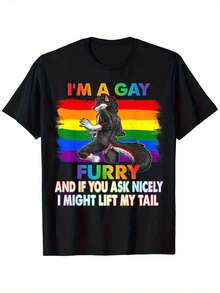 Men'S Funny "I'm Gay & Furry" Pride T-Shirt With Rainbow Flag & Fox Graphic - Soft Black Loose Fit LGBTQ+ Tee For Pride Month, Parties, Casual Wear - Gay Rights Apparel Gift For Men, Playful Design For Furry Community - Round Neck Casual Style - 黑色 - 查看 1