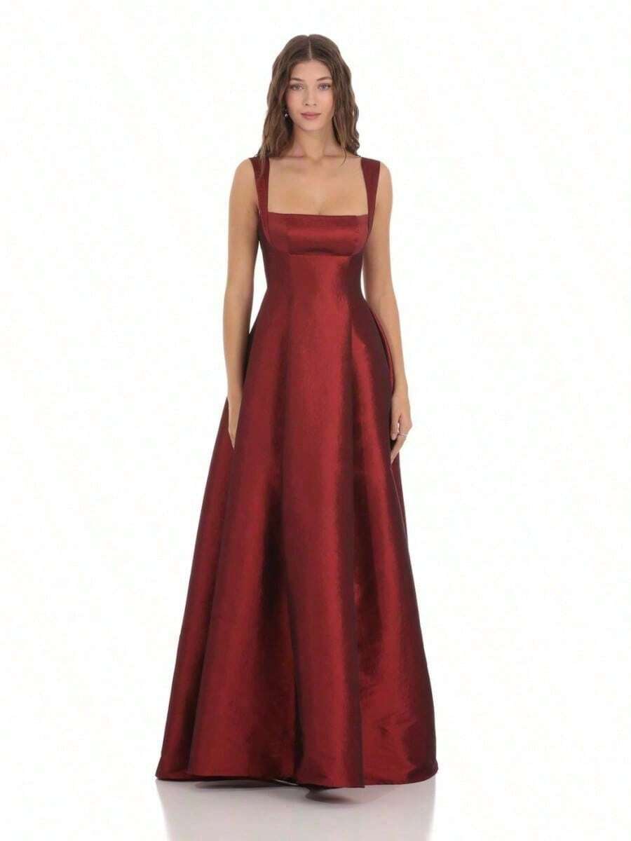 Square Neck Fit And Flare Gown In Maroon Sexy Elegant Satin Dress Fashionable Evening Gown - 酒紅色 - 查看 1