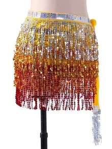 Sequin Tassel Skirt, Women's Sexy Crop Top Skirt, Adjustable Waistband, Sarong Style Wrap Skirt, Carnival Rave Dance Costume, Halloween - Multicolor - View 15
