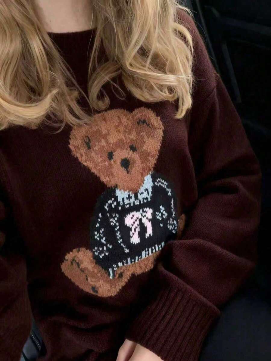 2026 جديد خريف/شتاء بلوفر محبوك بنمط الدب الكاجوال الأنيق والرائع، مناسب لعيد الحب، ليلة المواعدة، الحفلات، طراز Y2K، متواضع، للخروج، أنيق، كاجوال، رأس السنة الجديدة - بني - مشاهدة 1
