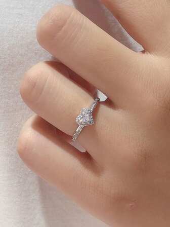 1pc S925 Sterling Silver Fashionable Versatile Ins-Style Elegant Cubic Zirconia Heart-Shaped Ring, Suitable For Women's Daily Wear, Festivals, Weddings, Parties, Jewelry Gift
