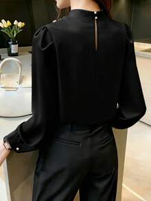 女士休闲通勤衬衫，立领，褶裥设计，公主袖，适合春秋季穿着，黑色 - 黑色 - 查看 2
