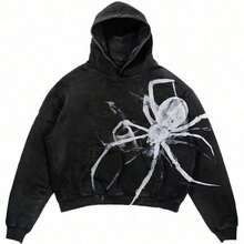 Black Hoodie With Skull And Floral Print Y2K Men's Washed Vintage Sweatshirt Spider Web Pattern Print Black Hoodie Casual Loose Fit Large Pockets Hip Hop Sweethearts Hoodies - 黑色 - 查看 5