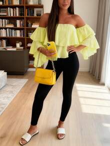Women's Casual Elegant Yellow Ruffle Flare Sleeve Pleated Sheer Chiffon Romantic Date Party Fashionable Comfortable Versatile Loose Long Sleeve Blouse, Spring/Summer - Yellow - View 7