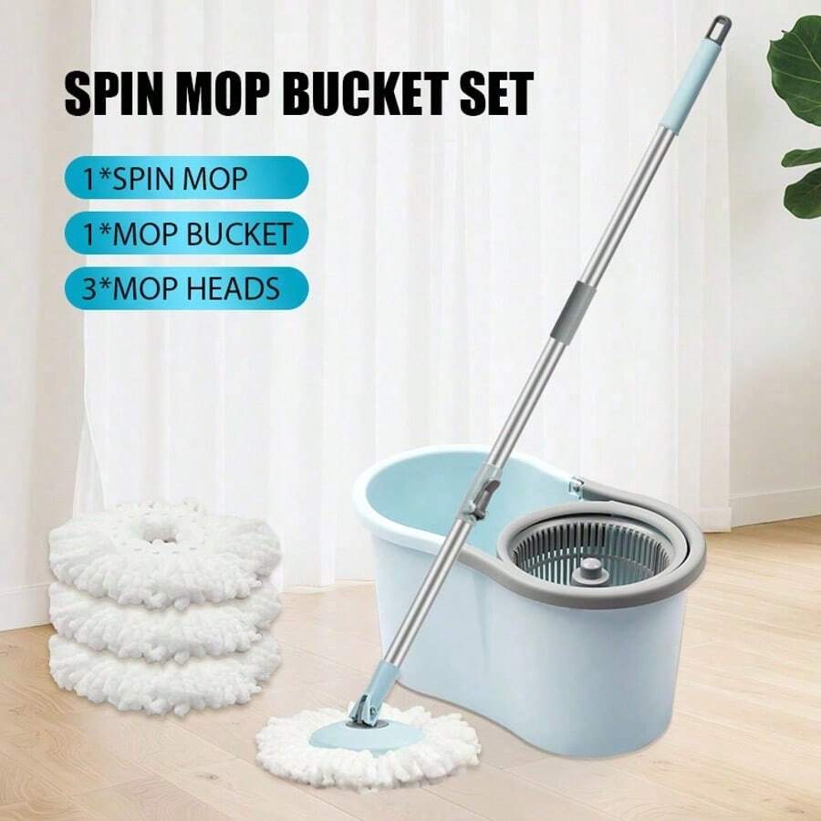 Spin Mop And Bucket Set, Bathroom Mop Bucket, 360° Spin Mop Bucket System With 3 Microfiber Mop Replacement Heads And Stainless Steel Adjustable Handle For Floor Cleaning, Bucket Floor Cleaning System - màu xanh lá - Xem 1